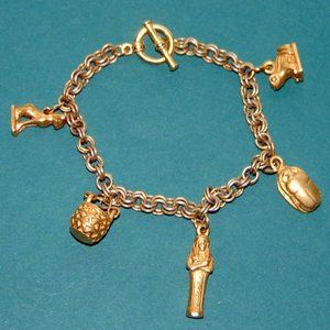 Vintage Unsigned 7 inch Goldtone Egyptian Charm Bracelet Scarab Mummy Basket